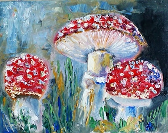 Fliegenpilz Gemälde: Kleiner Pilz Impasto Ölgemälde (15x20cm) OlgaartTR