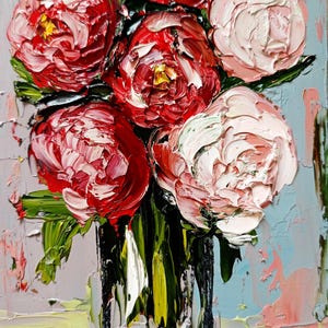 Impasto Peony Oil Painting: Red and White Floral Still Life, 3.5x6&quot;
