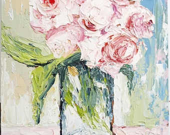 Pink Peony Bouquet Oil Painting, Impasto Abstract Floral Art (8x10 in)