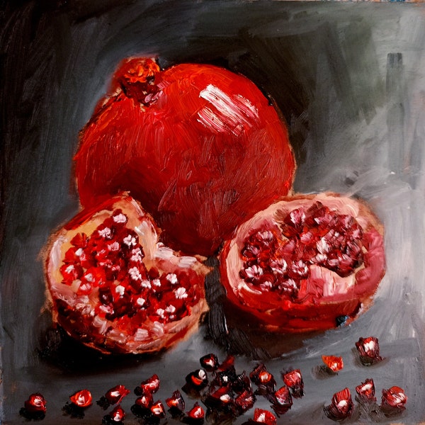 Pomegranate Painting Fruit Original Art 6 by 6 Inches Original Impasto Oil Painting