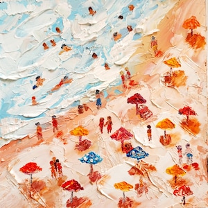 May include: Impasto oil painting of a beach scene with figures, umbrellas, and water. The sky is light blue with white textured clouds. The beach is tan with people in various poses. Red, blue, and yellow umbrellas dot the beach.