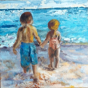 Seascape Oil Painting: Brother and Sister on the Beach, Original Art (6x6 Inches)
