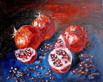 Pintura de granada Fruta Arte original 10 por 12 pulgadas Impasto Pintura al óleo sobre lienzo