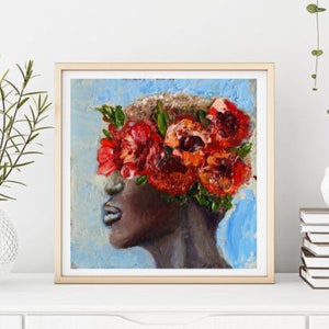 Black American Woman Portrait Painting Poppy Original Art 6 by 6 İnches Floral Oil Painting Faceless Wall Art by Olga Vedyagina image 3