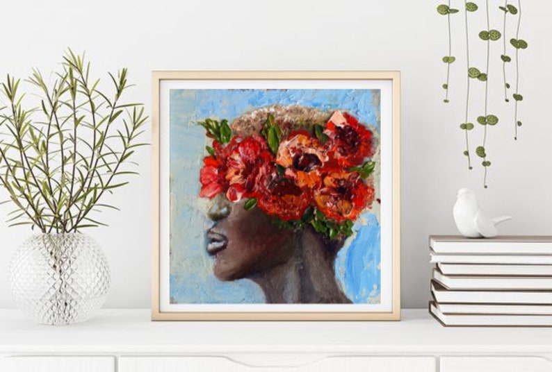 Black American Woman Portrait Painting Poppy Original Art 6 by 6 İnches Floral Oil Painting Faceless Wall Art by Olga Vedyagina image 3