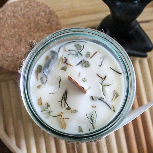 Zen Candle | Topped with Homegrown Herbs | Non-Toxic | Eco-Friendly | Wooden Wick | Soy Wax | Recycled Glass Jar | 9oz