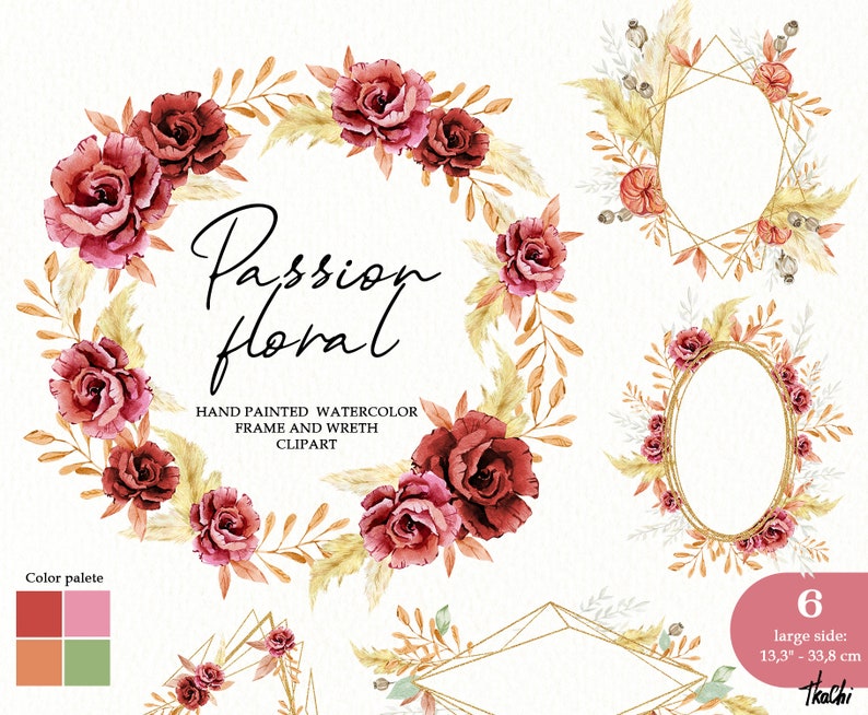 Watercolor Boho Round Gold Floral Wreath clipart with Bohemian Burgundy Rose Pampas Grass Wild Floral Branch Foliage Wedding Frame PNG