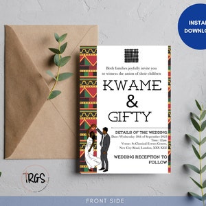 Afrikanische Kente Hochzeitskarte | Afrikanische Hochzeitseinladungen | Afrika-Themen-Partykarten | Bearbeitbare Vorlage | Nicht Weiß Brautfarben | Leinwand