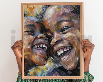 Radiance of Laughter Wall Art, Arte afrocentrica, Bambini che ridono, Download digitale di arte nera, afroamericana, arte digitale stampabile