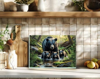 Black Bear and Cubs Glass Cutting Board 8x11 and 15x11