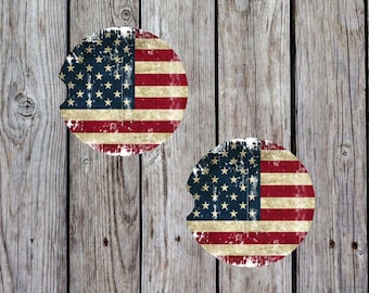 Americana Ceramic Car Coasters Set | Patriotic USA Flag Cup Holder Accessories