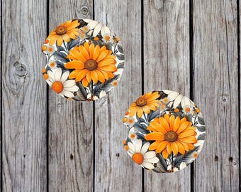 Floral Ceramic Car Coasters |  Daisy Cup Holder Inserts (set of 2)