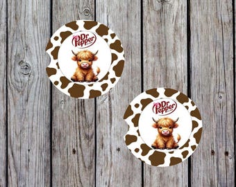 Highland Cow Ceramic Car Coasters |  Farmhouse Auto Decor (Set of 2)