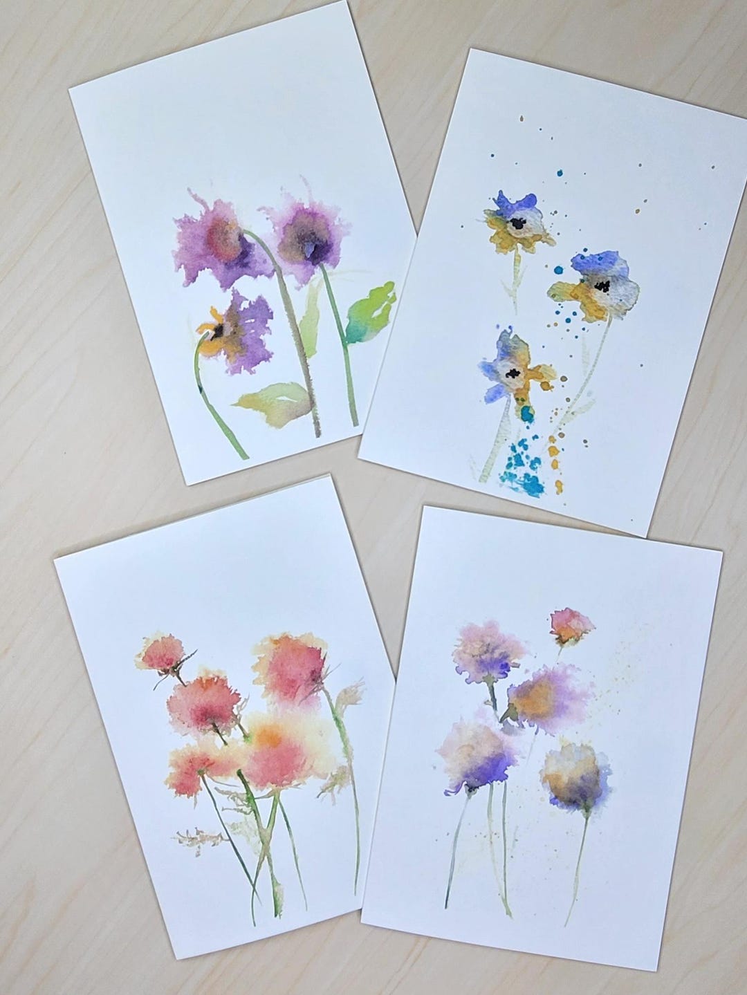 Set of 8 Dreamy Watercolor Floral Note Cards, Blank Inside, With Yellow ...