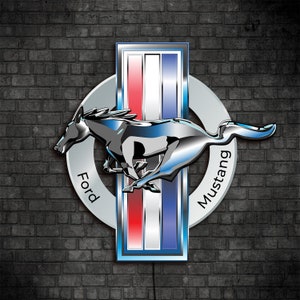 May include: A silver Ford Mustang logo with a running horse, red, white, and blue stripes, and the words "Ford" and "Mustang" in a circle.