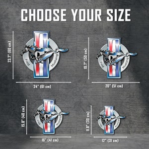 May include: Choose your size for a Ford Mustang logo decal. The image shows four different sizes of the decal, ranging from 12 inches to 24 inches in width. The decal features a silver Mustang horse and the words "Ford" and "Mustang" in a blue and red color scheme.
