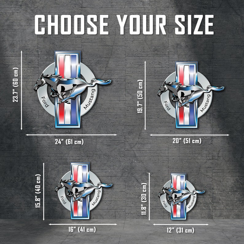 May include: Choose your size for a Ford Mustang logo decal. The image shows four different sizes of the decal, ranging from 12 inches to 24 inches in width. The decal features a silver Mustang horse and the words "Ford" and "Mustang" in a blue and red color scheme.