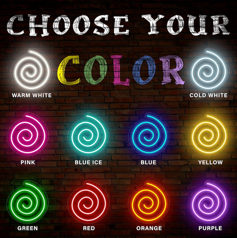 May include: Choose your color! A selection of neon signs in various colors, including warm white, cold white, pink, blue ice, blue, yellow, green, red, orange, and purple. Each sign features a spiral design.