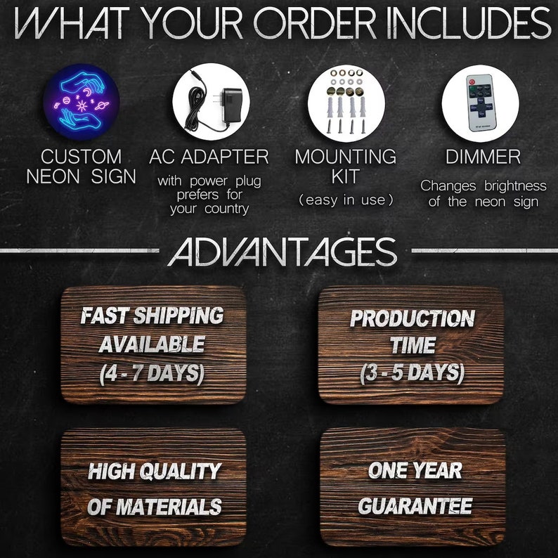 May include: A custom neon sign with a hand holding a star and planets. The sign is lit up in pink and blue. The image also shows an AC adapter, mounting kit, and dimmer switch. The text "WHAT YOUR ORDER INCLUDES" is at the top of the image. The text "ADVANTAGES" is in the middle of the image. The text "FAST SHIPPING AVAILABLE (4-7 DAYS)" is in the top left corner. The text "PRODUCTION TIME (3-5 DAYS)" is in the top right corner. The text "HIGH QUALITY OF MATERIALS" is in the bottom left corner. The text "ONE YEAR GUARANTEE" is in the bottom right corner.