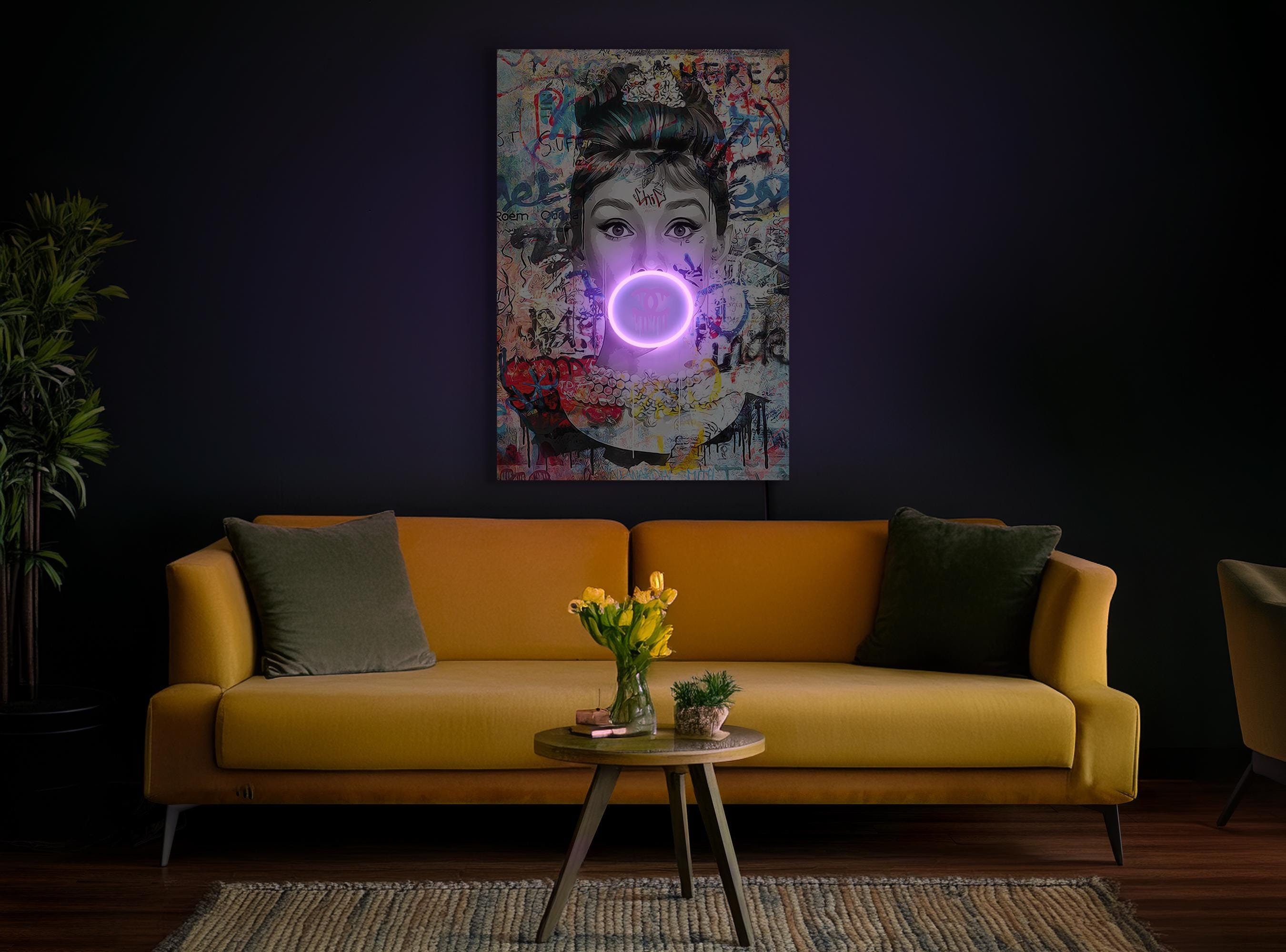 Audrey Hepburn-neonbord, Audrey Hepburn-kauwgom led-bord, Audrey Hepburn-pop-artkunstwerken, portret-neonbord, Audrey Hepburn-kunstdecor