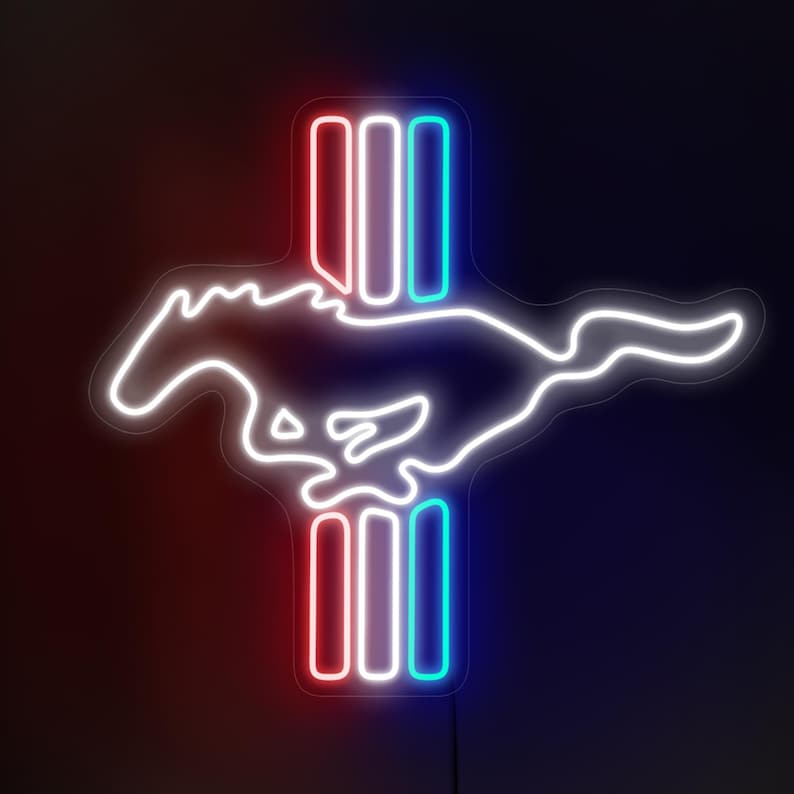May include: Neon sign depicting the iconic Ford Mustang logo. The horse is white and the background is a vertical stripe of red, white, and blue.