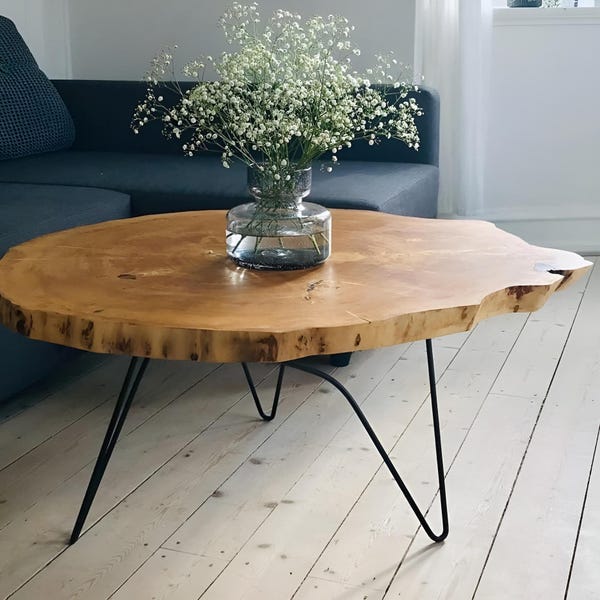 Mesa de centro de losa de madera de álamo natural, mesa de centro de madera redonda, mesa de centro moderna redonda, mesa rústica redonda, mesa de centro de borde natural redonda