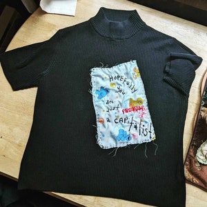 90s ribbed mid sleeve mini turtle neck custom punk w/ embroidered quote