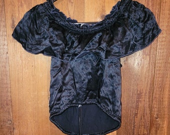 80s or 90s Black Satin Off Shoulder Flounce Sleeve sexy SMALL or XS blouse top