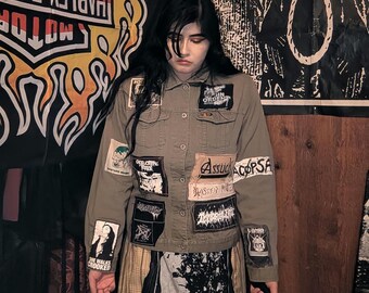Diy green grindcore customized punk jacket size woman's large