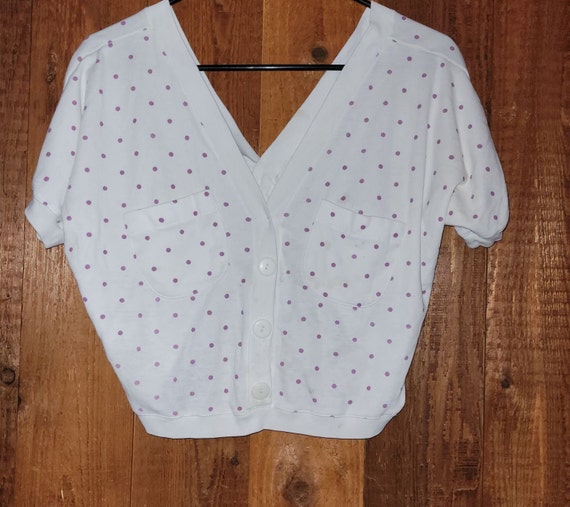 80's adorable white/purple polka dot button up sm… - image 1