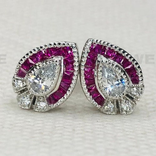 Moissanite Earrings, Stud Earrings, Red Baguette Earrings, shops White Gold Earrings, Screw Back Earrings, Solid 925 Sterling Silver Earrings 1618