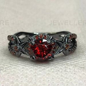 Gothic Black Ring, Red Garnet Ring, Punky Style Black Ring, Black Rhodium Solid 925 Silver Ring, Pave Set Ring, Split Shank Star Ring, 3314