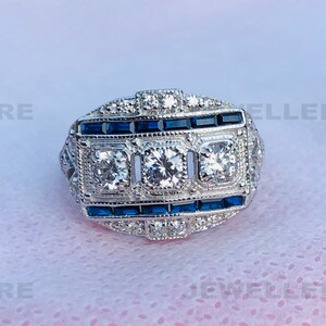 Circa 1890s Vintage Ring, 1 CTW Stunning Art Deco 3 Center Stone Diamond Filigree Statement Ring, 935 Argentium Silver, Art Deco Ring 6365