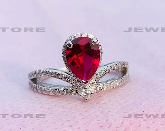 Anillo con piedra roja en forma de pera, anillo de plata de ley maciza, elegante anillo de regalo de aniversario, anillo de joyería fina para mujer, joyería de regalo de cumpleaños, 5960