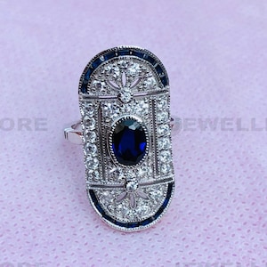 1890&#39;s Art Deco Elongated Edwardian Ring, Vintage Engagement Ring, Diamond & Blue Nouveau Estate Ring, 935 Argentium Silver Ring, 6375
