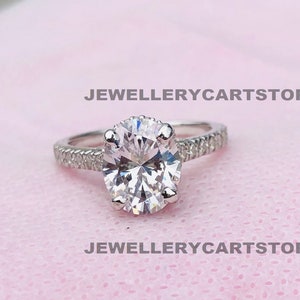 3CT Oval Diamond Engagement Ring, Oval Cut Wedding Ring 935 Argentium Silver Anniversary Ring Oval Solitaire With Accent Diamond Ring, 5561