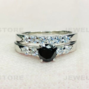 Black Round Moissanite Ring Set, White Gold Ring Set, Engagement Wedding Ring Set, 925 Sterling Silver Ring Set, Moissanite Ring Set, 6029