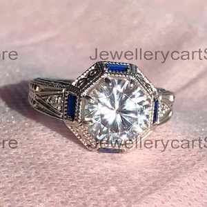 1890s Vintage Antique Art Deco Engagement Ring With Filigree 4 Blue Sapphires, 2Ct White Round Diamond Wedding Ring 935 Argentium Silver3105
