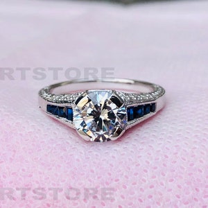 1890s Antique 2Ct Round Cut Old European Diamond & Sapphire Art Deco Ring Engagement Ring 935 Argentium Silver Vintage Engagement Ring 3779