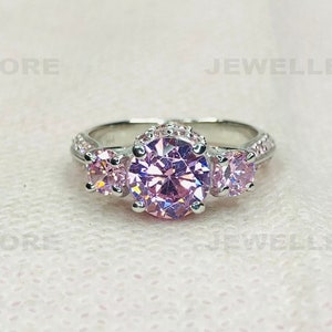Three Stone Pink Round Cut Diamond Ring, Engagement Ring, 925 Sterling Silver Ring, Party Wear Ring, Fine Jewelry Ring, White Gold Ring 3466