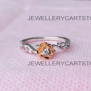 Enchanted Belle Diamond Accent Solitaire Rose Scrolled Promise Ring in 14K Two-Tone Gold Plated Over 925 Sterling Silver Charm Ring, 6299