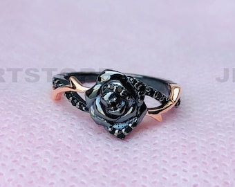 Enchanted Disney Villains Maleficent Enhanced Black Diamond Ring 925 Sterling Silver Ring 10K Rose Gold Plated Ring Black Rhodium Ring 6343