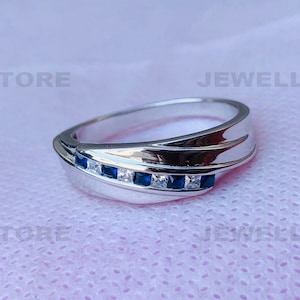 Men's Blue Sapphire and 0.50Ct White And Blue Row Wedding Band, 925 Sterling Silver Ring, Men's Wedding Ring, Men's White Gold Ring, 5999