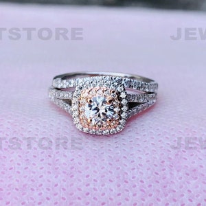 Split Shank Engagement Ring Set, White Round Diamond Ring Set, Two Tone Wedding Ring Set, 925 Sterling Silver Ring Set, Women&#39;s Gift, 6195
