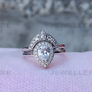 Pear Ring Set Pear Moissanite Ring Set Halo Wedding Ring Set, Pear Diamond Promise Ring Set, Sterling Silver Ring Set, Gold Ring Set, 3447