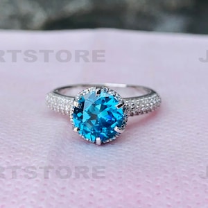 Round Aquamarine Ring, Aladdin Ring, Six Prong Pave Set Ring, 925 Sterling Silver Ring, Two Tone Engagement Ring, Birthday Gift Ring, 6532
