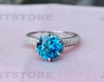 Round Aquamarine Ring, Aladdin Ring, Six Prong Pave Set Ring, 925 Sterling Silver Ring, Two Tone Engagement Ring, Birthday Gift Ring, 6532