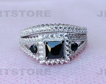 Bruidsringset, zwarte prinsesring met bijpassende band, witgouden ring, vierkante halo trouwringset, 925 sterlingzilveren ringset, 6575