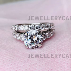 14K Solid Gold Wedding Sets / 3CT Round Simulated Diamond Bridal Sets / Moissanite Ring Set / Promise ring / White gold ring For Women 4364