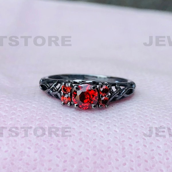 Gothic Black Ring, Red Garnet Ring, Punky Style Black Ring, Black Rhodium Solid 925 Silver Ring, Pave Set Ring, Red Three Stone Ring, 6753